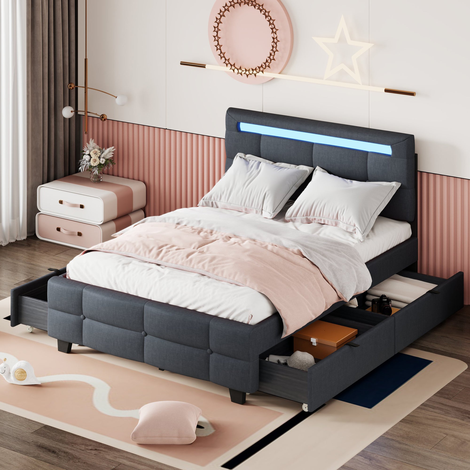 Full Size Upholstered Platform Bed with LED Frame and 4 Drawers, Linen Fabric, Gray - Atlantic Fine Furniture Melbourne FL