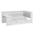 L Shaped Daybed With Desk, Bookcase, Upholstered Headboard, Drawers, And LED Light
