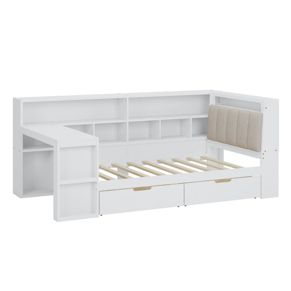 L Shaped Daybed With Desk, Bookcase, Upholstered Headboard, Drawers, And LED Light