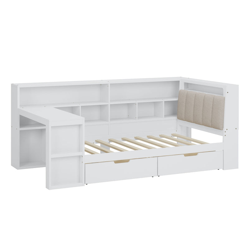 L Shaped Daybed With Desk, Bookcase, Upholstered Headboard, Drawers, And LED Light