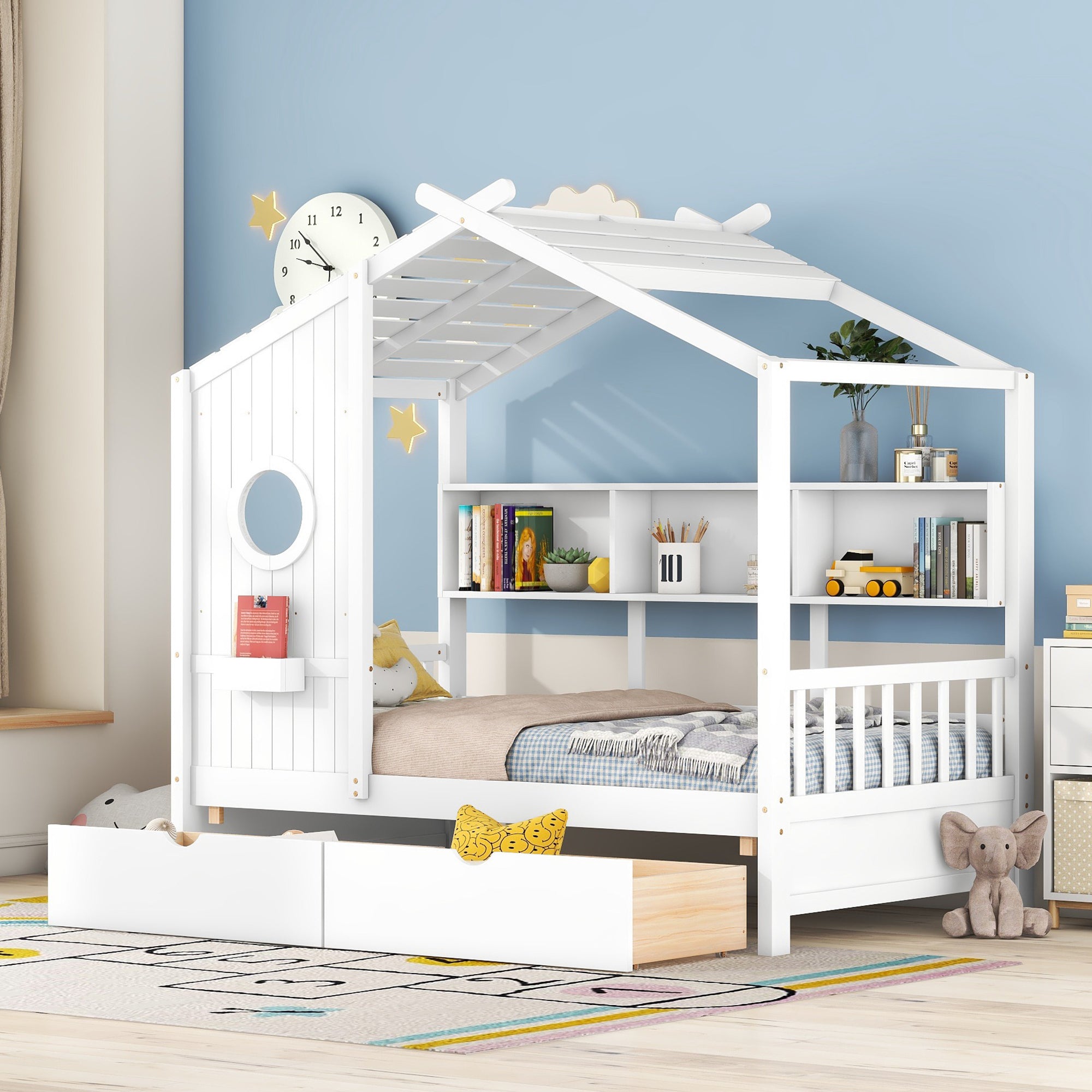 Wooden Twin Size House Bed with 2 Drawers,Kids Bed with Storage Shelf, White - Atlantic Fine Furniture Melbourne FL