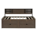 Full Size Wood Daybed with 2 Bedside Cabinets, Upper Shelves and 4 Drawers, Antique Brown