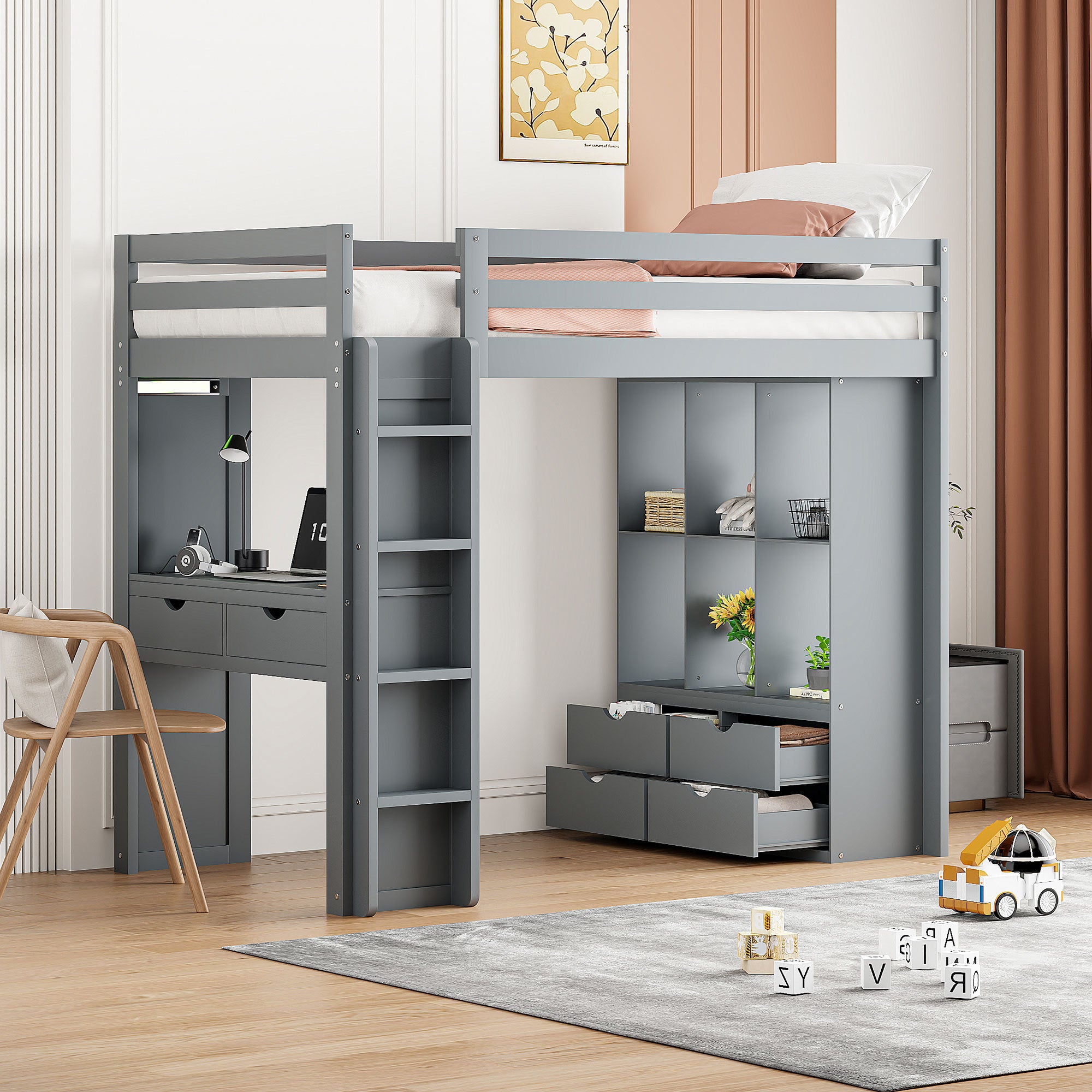 Twin Size Loft Bed with large shelves, writing desk and LED Light, Gray - Atlantic Fine Furniture Melbourne FL
