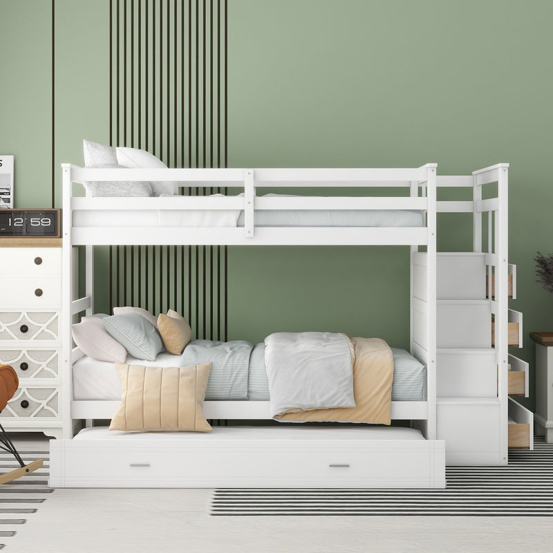 Twin Over Twin Bunk Bed With Trundle And Staircase - White