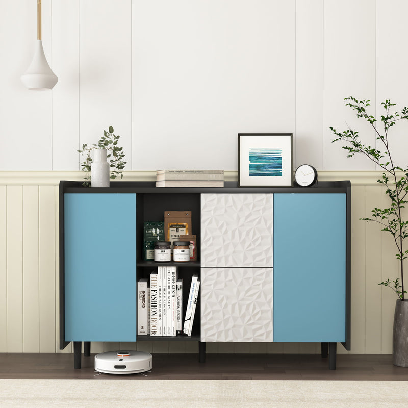 Modern Sideboard Buffet Cabinet With Red Doors And Unique Panel Styling