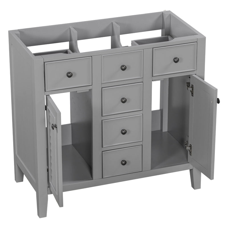 Bathroom Vanity Without Sink, Cabinet Base Only, Two Cabinets And Five Drawers, Solid Wood Frame - Gray