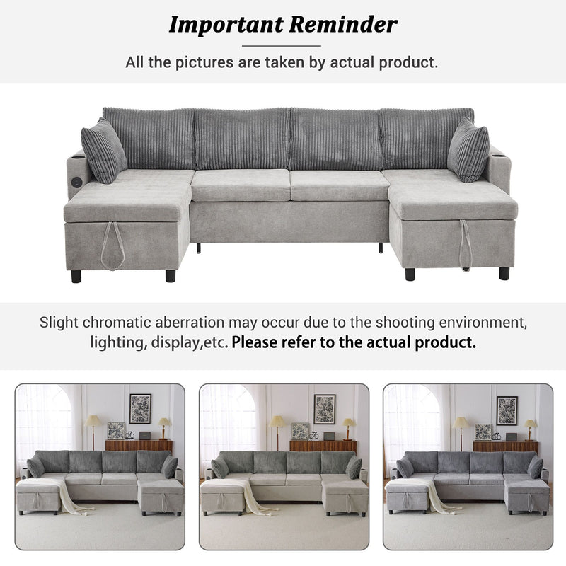 Sectional Sofa Bed With Pull Out Sleeper, USB Ports, Cup Holders