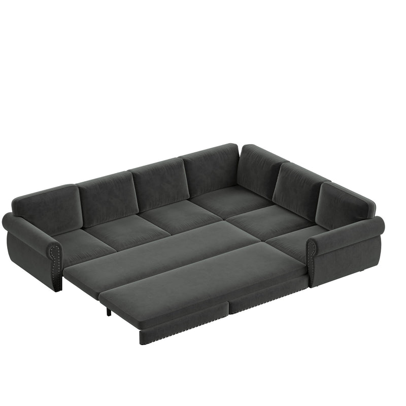 L-Shaped Sofa Couch With Pull Out Bed With Nailhead Trim & Rolled Arm, Sectional Couches, For Living Room - Dark Gray