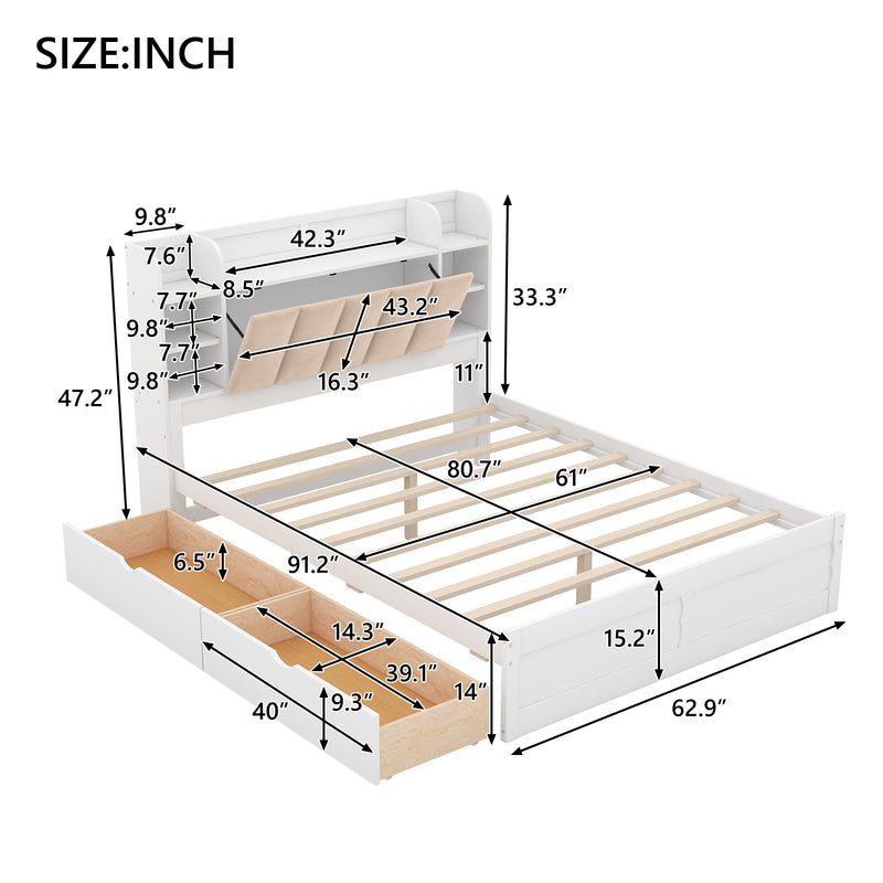 Wood Queen Size Platform Bed with Storage Headboard, Shelves and 2 Drawers, White