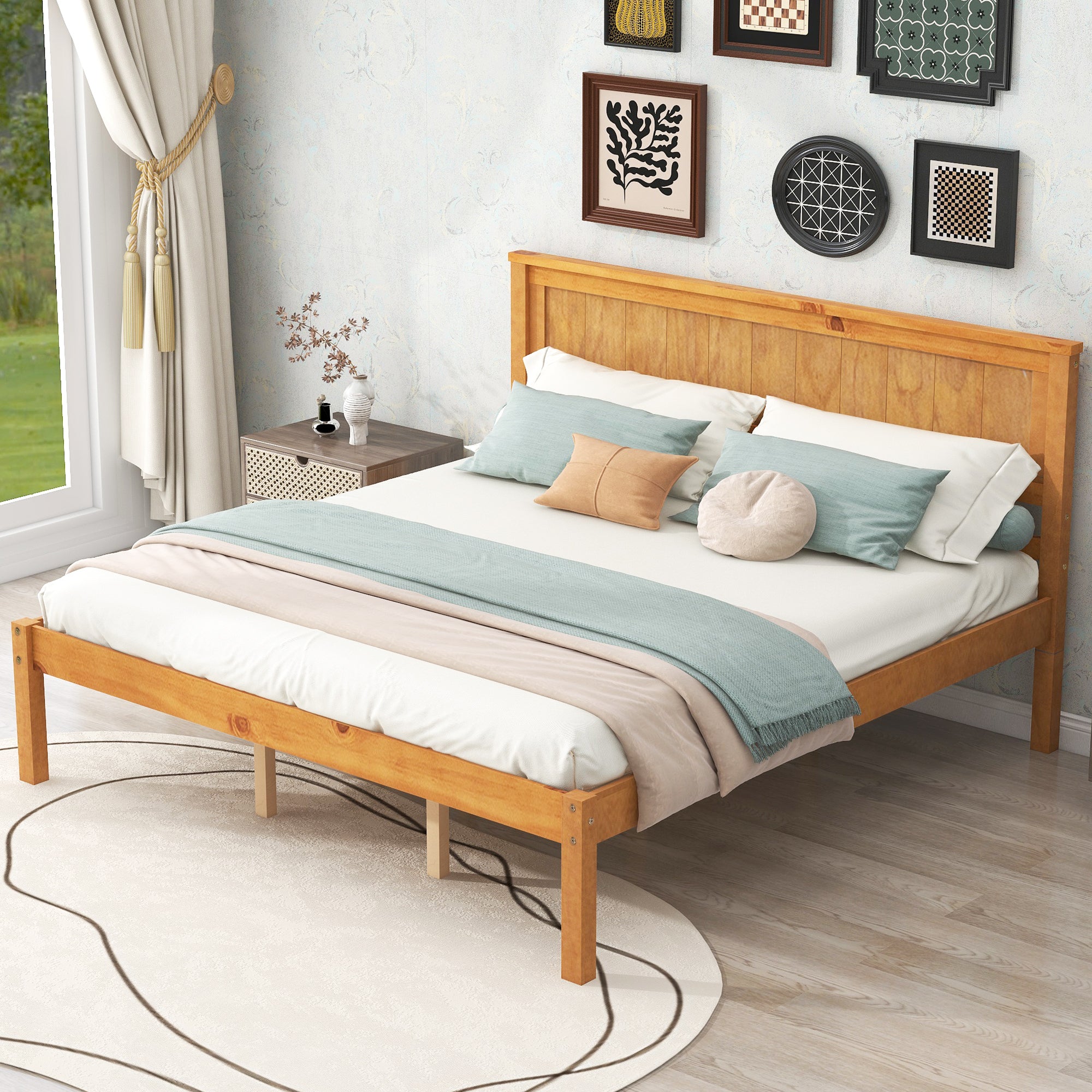 Platform Bed Frame with Headboard, Wood Slat Support, No Box Spring Needed, Queen, Oak - Atlantic Fine Furniture Melbourne FL