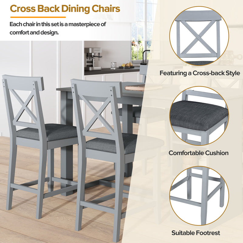 Solid Wood Farmhouse Counter Height Dining Table Set With 3 Tier Storage Shelves