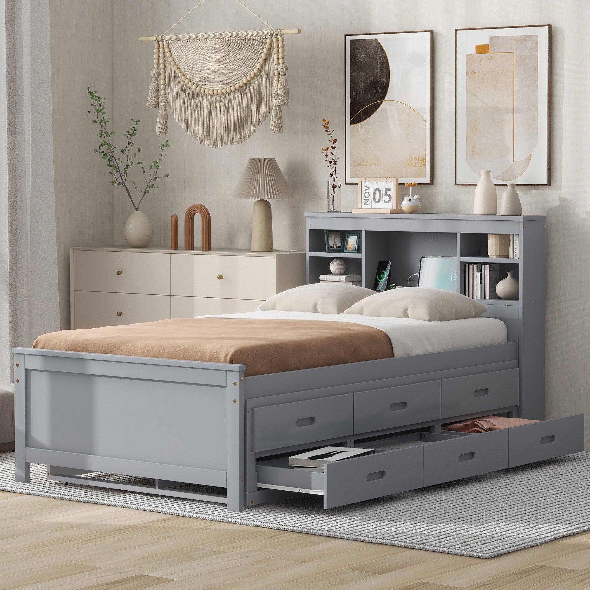 Twin Size Platform Bed with Storage Headboard, USB, Twin Size Trundle and 3 Drawers, Gray - Atlantic Fine Furniture Melbourne FL