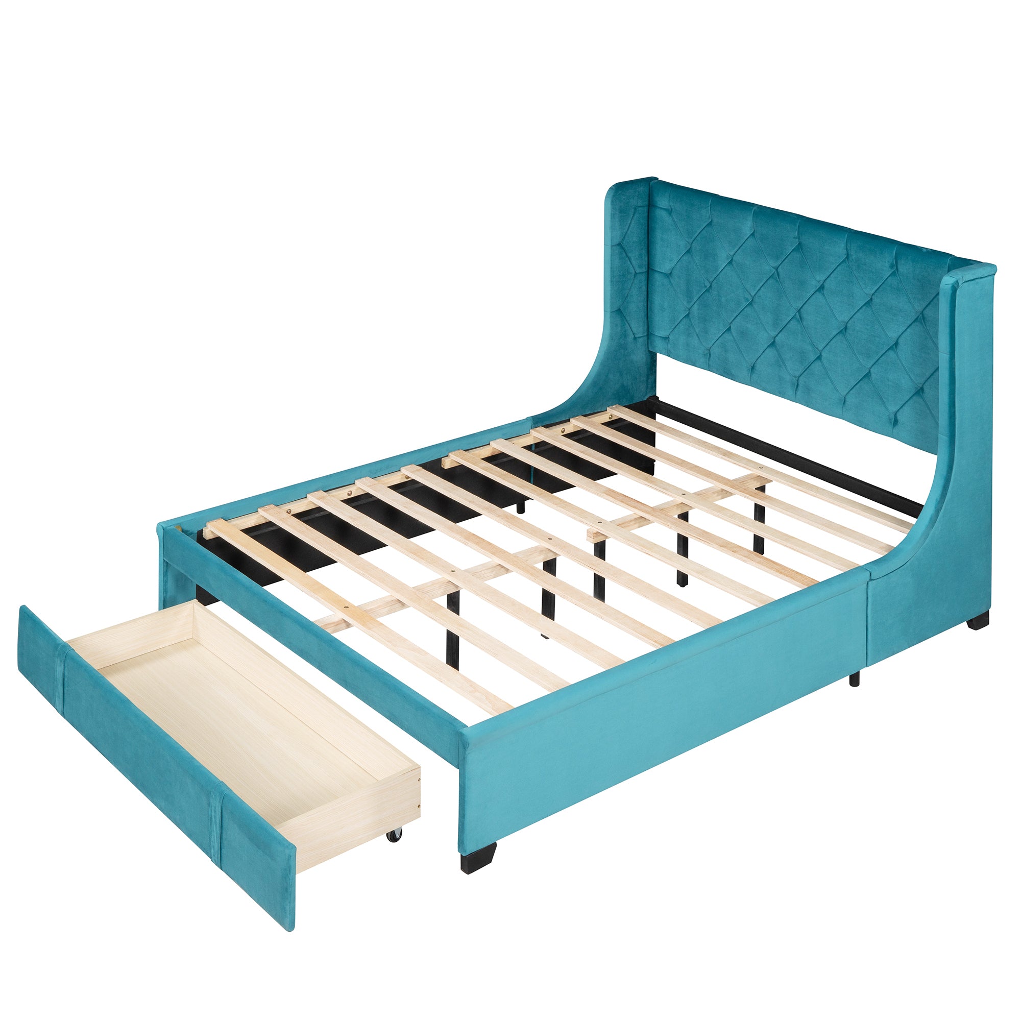 Queen Size Storage Bed Velvet Upholstered Platform Bed with Wingback Headboard and a Big Drawer (Blue) - Atlantic Fine Furniture Melbourne FL