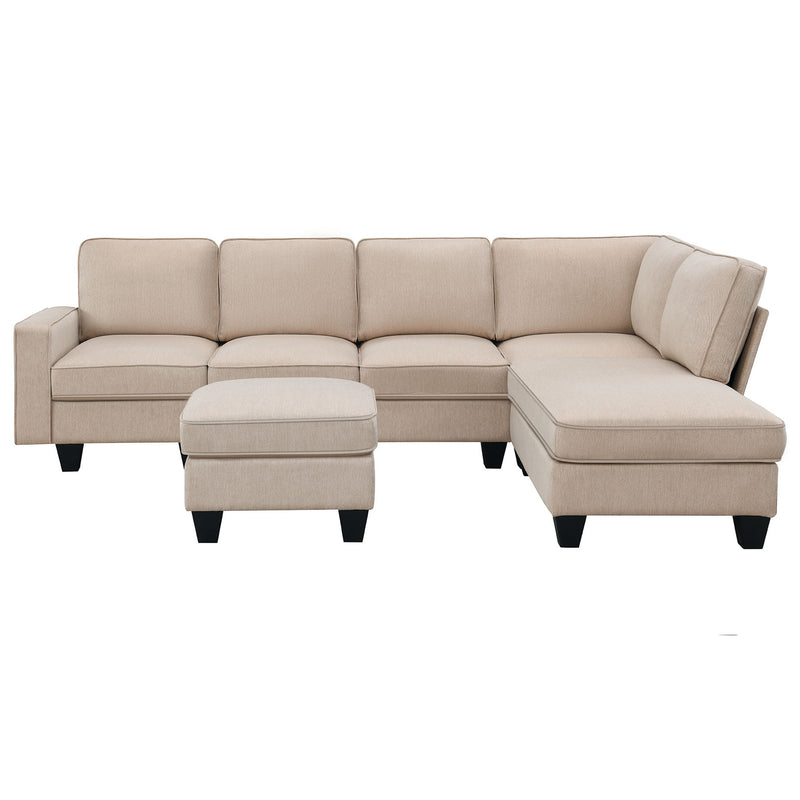 Modern L-Shaped Sectional Sofa, 7-Seat Linen Fabric Couch Set With Chaise Lounge And Convertible Ottoman For Living Room, Apartment, Office