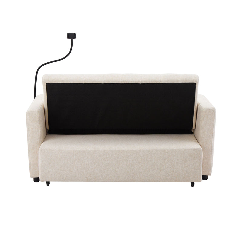 Convertible Sofa Bed Loveseat Sofa With Three USB Ports, Two Side Pockets, Two Cup Holders And 360° swivel Phone Holder For Living Room