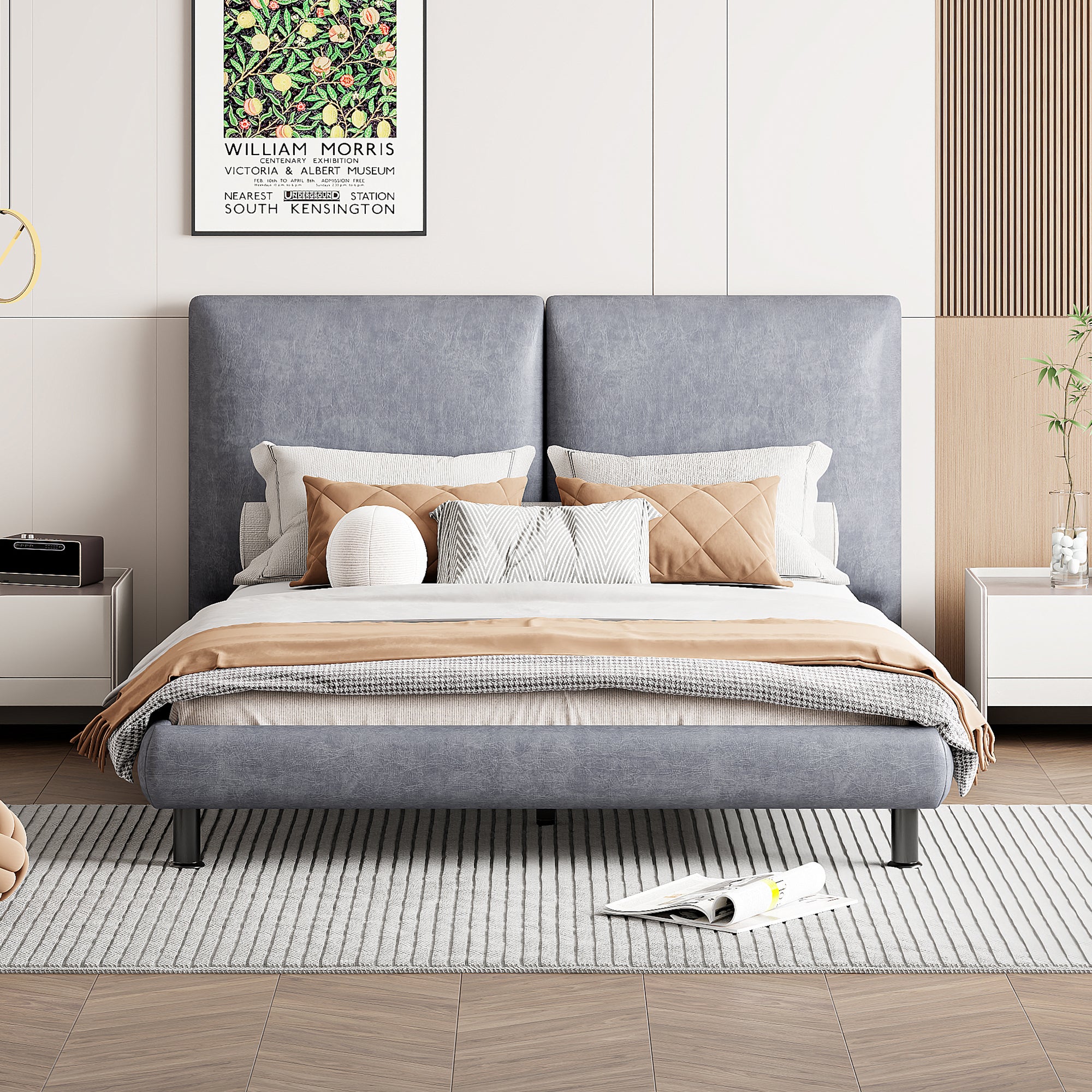 Queen Size Upholstered Platform Bed with Two Large Headrests and Thick Fabric, Polyester, Gray - Atlantic Fine Furniture Melbourne FL