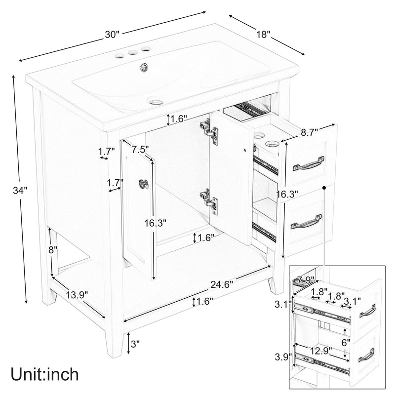 Bathroom Vanity With Ceramic Sink Top, Vanity Cabinet With Multi-Functional Drawer, Solid Wood Legs - White