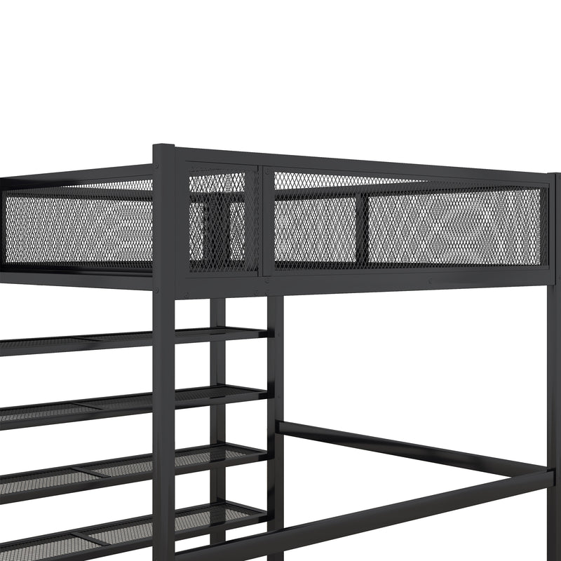 Full Size Metal Loft Bed with 4-Tier Shelves and Storage, Black