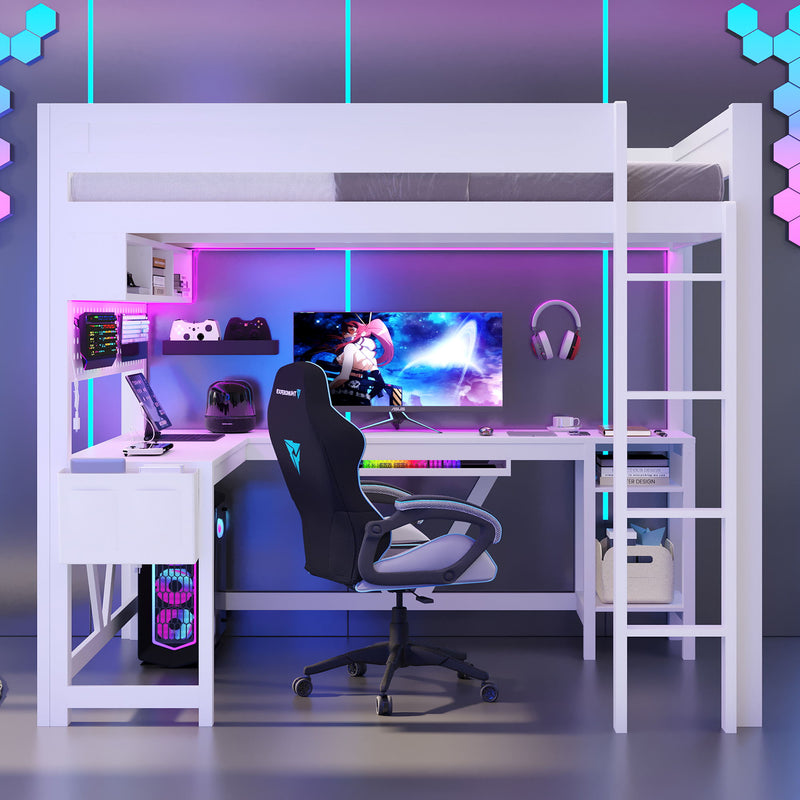 Gaming Loft Bed With Desk, Storage Shelves, LED And Charging Station
