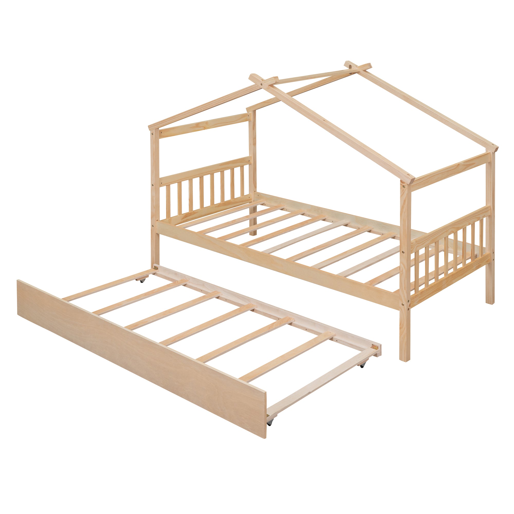Twin Size Wooden House Bed with Twin Size Trundle, Natural - Atlantic Fine Furniture Melbourne FL