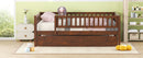 Full Size Wood Daybed with Trundle and Fence Guardrails, Walnut