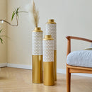Modern Droplet Shaped Floor Vase Set Honeycomb Design, 3 Piece Metal Decorative Vases For Home Interior Display - Gold / White