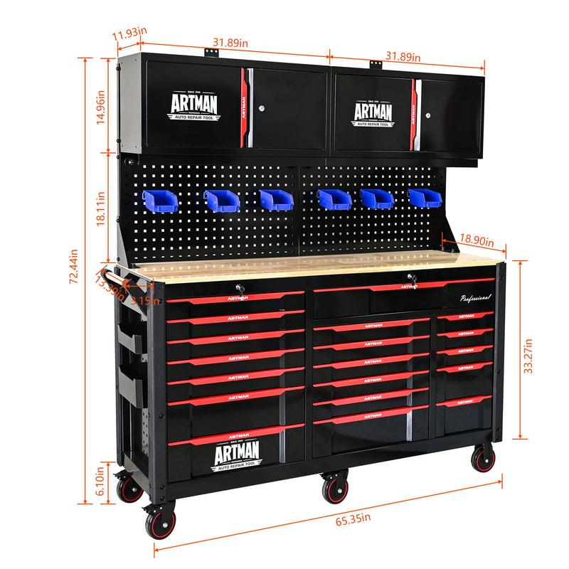 Heavy Duty Tool Cart With 19 Drawers, Tools Not Included, Mobile Storage For Workshop Or Laboratory - Black / Red