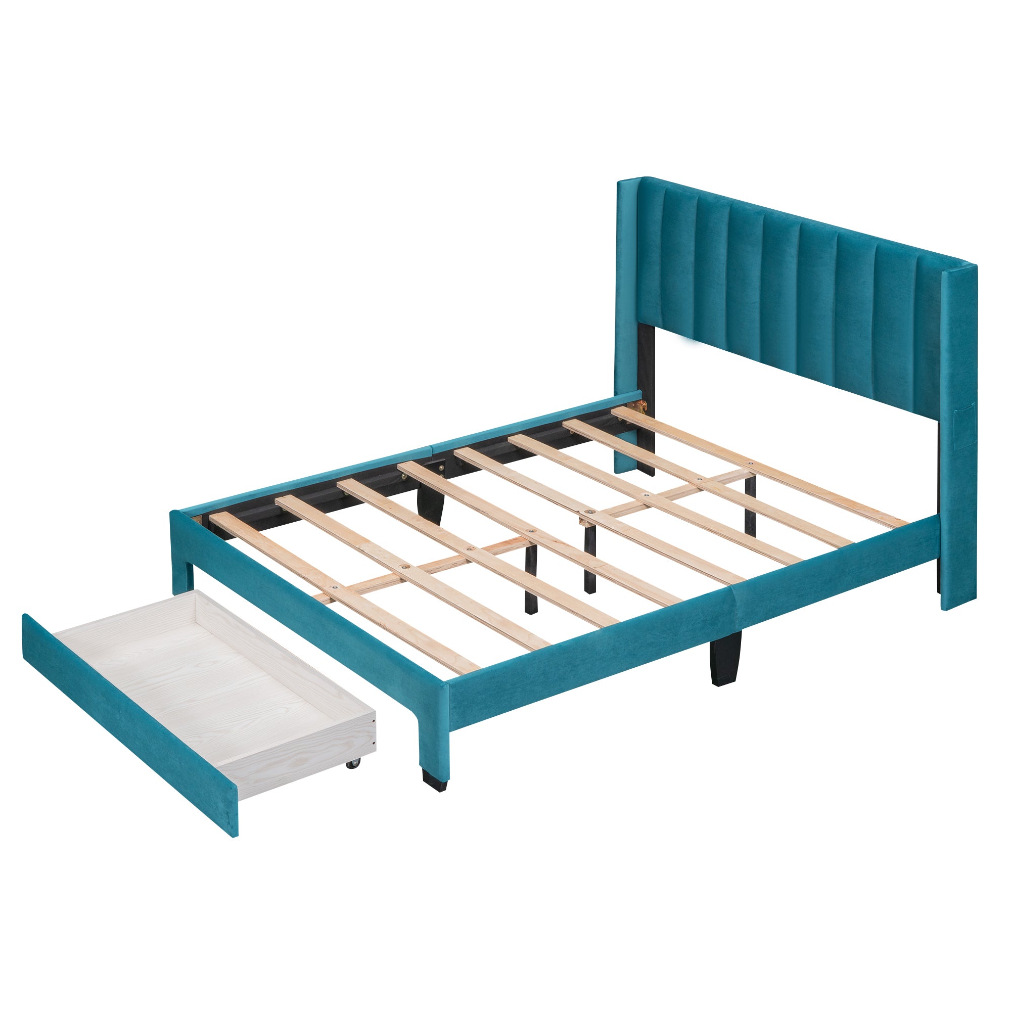 Full Size Storage Bed Velvet Upholstered Platform Bed with a Big Drawer - Blue - Atlantic Fine Furniture Melbourne FL