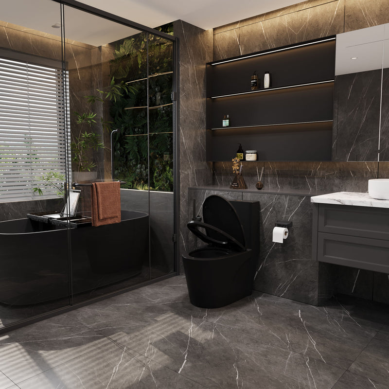1.1 / 1.60 Gpf Dual Flush 1 Piece Toilet, Water Saving Elongated Comfort Height Floor Mounted, Soft Close Seat, 1000 Gram Map Flushing Score Toilet - Matte Black