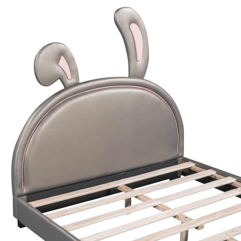 Upholstered Leather Platform Bed With Rabbit Ornament