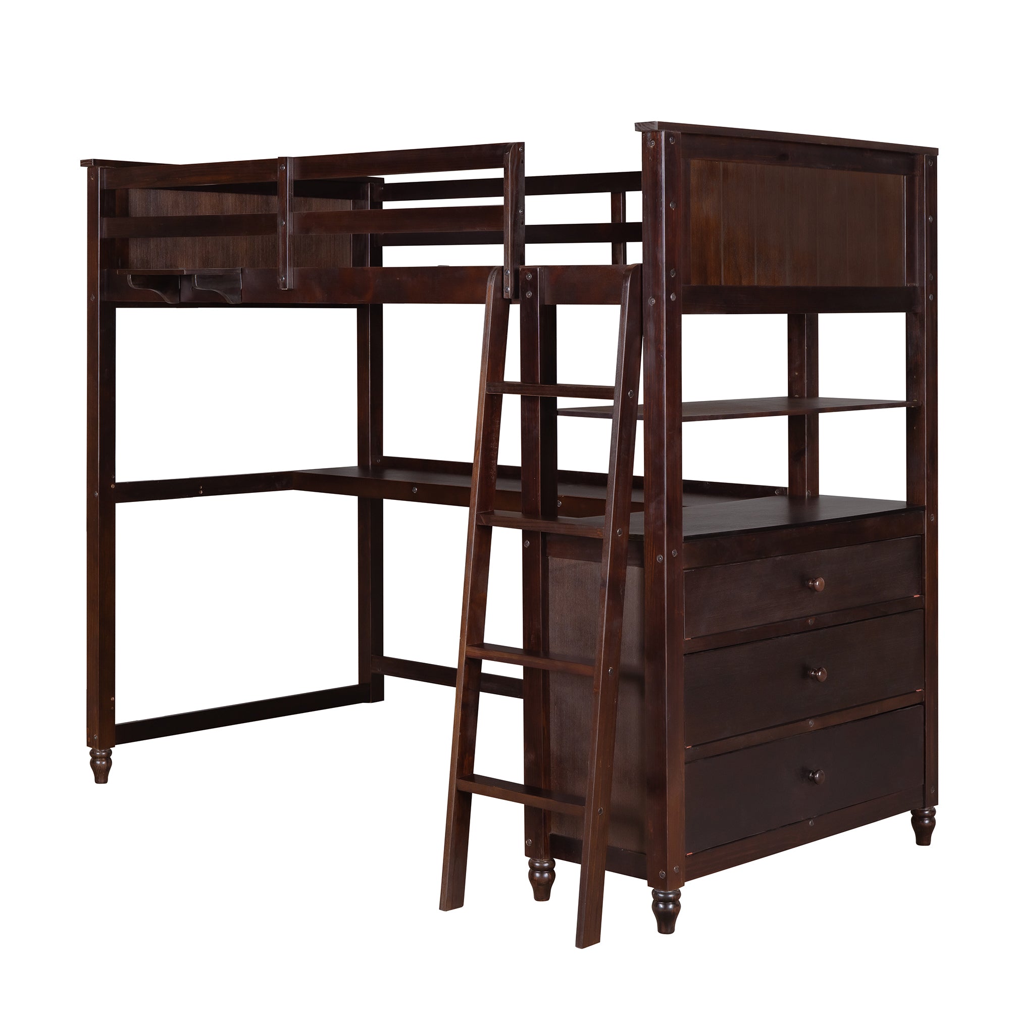 Twin size Loft Bed with Drawers and Desk, Wooden Loft Bed with Shelves - Espresso(OLD SKU: LT001530AAP) - Atlantic Fine Furniture Melbourne FL