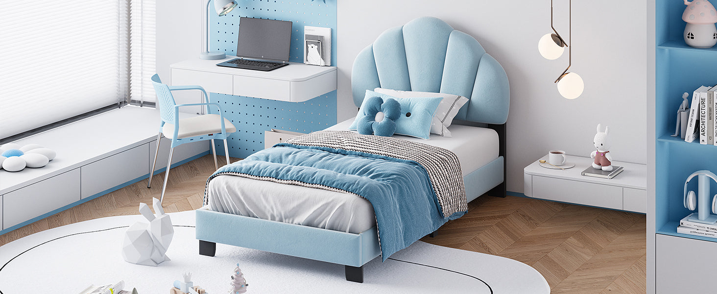 Twin Size Upholstered Velvet Platform Bed with Shell-Shaped Headboard, Blue - Atlantic Fine Furniture Melbourne FL