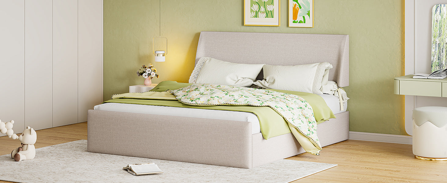 Full Size Sleigh Bed with Side-Tilt Hydraulic Storage System, Linen Upholstery, Beige - Atlantic Fine Furniture Melbourne FL