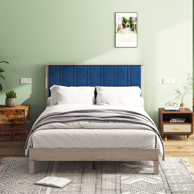 King Bed Frame, Wood with Wood Headboard Bed Frame with upholstered headboard /  Wood Foundation with Wood Slat Support / No Box Spring Needed / Easy Assembly
