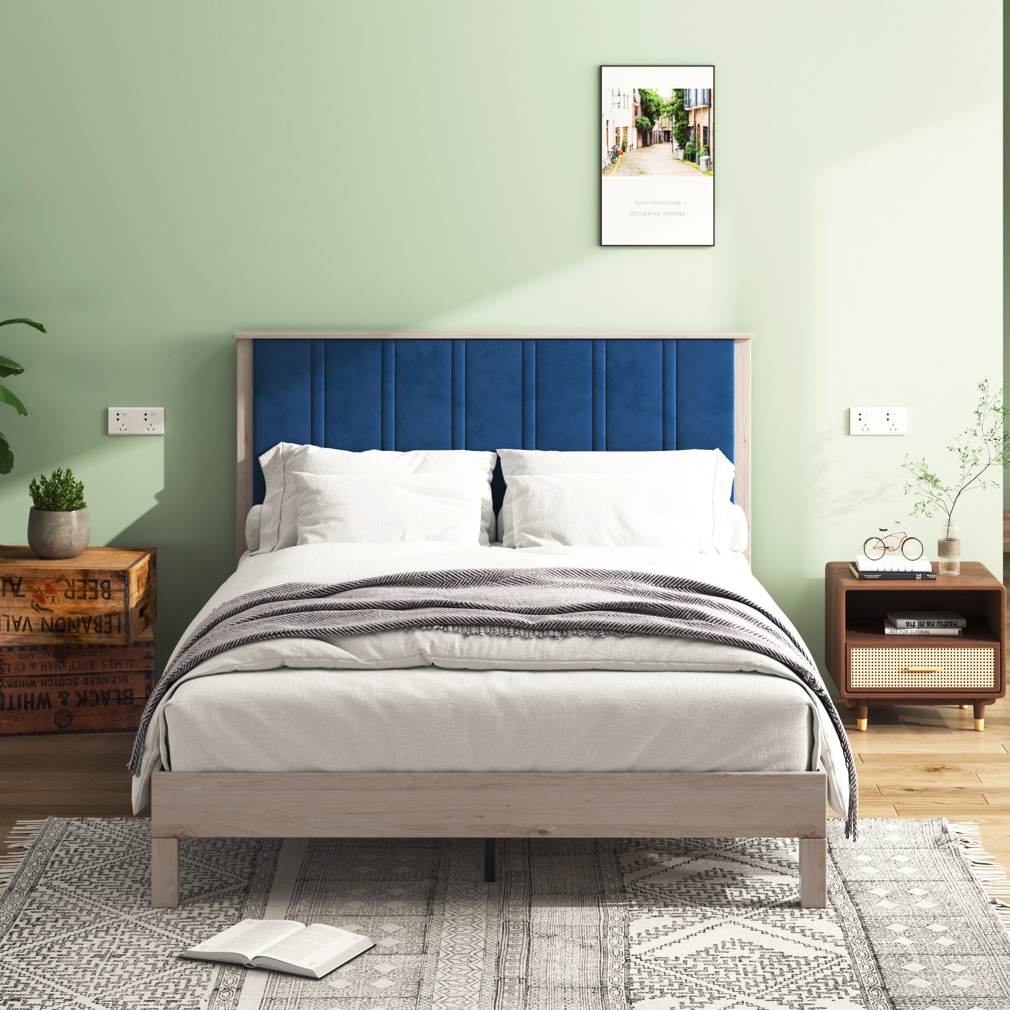Full Bed Frame, Wood with Wood Headboard Bed Frame with upholstered headboard /  Wood Foundation with Wood Slat Support / No Box Spring Needed / Easy Assembly