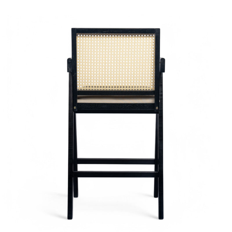 Woven Cane Plastic Backrest Bar Stool Foam Padded Fabric Seat & Durable Rubberwood Frame - Cream Gray