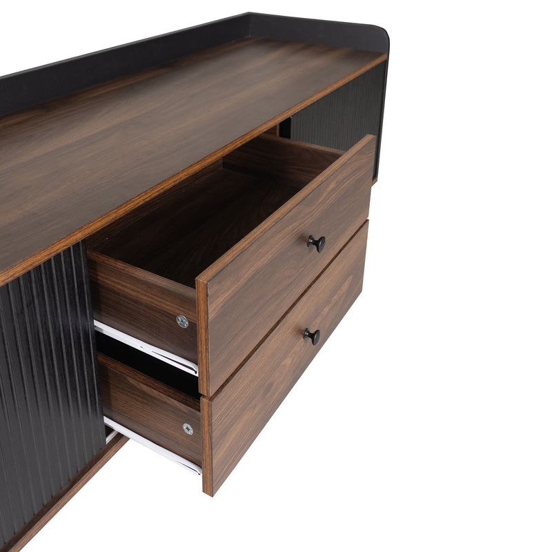 Mid Century TV Stand With 2 Cabinets & Open Compartments, Entertainment Center For Tvs Up To 70'', Television Console For Living Room - Dark Coffee / Black