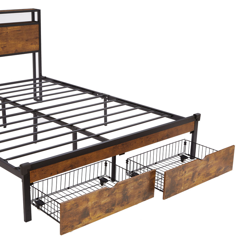 Modern Metal Platform Bed Frame With Wooden Headboard And Footboard, USB Charging Station, LED Lights, 2 Drawers
