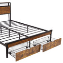 Modern Metal Platform Bed Frame With Wooden Headboard, USB Charging, LED Lights, And Storage