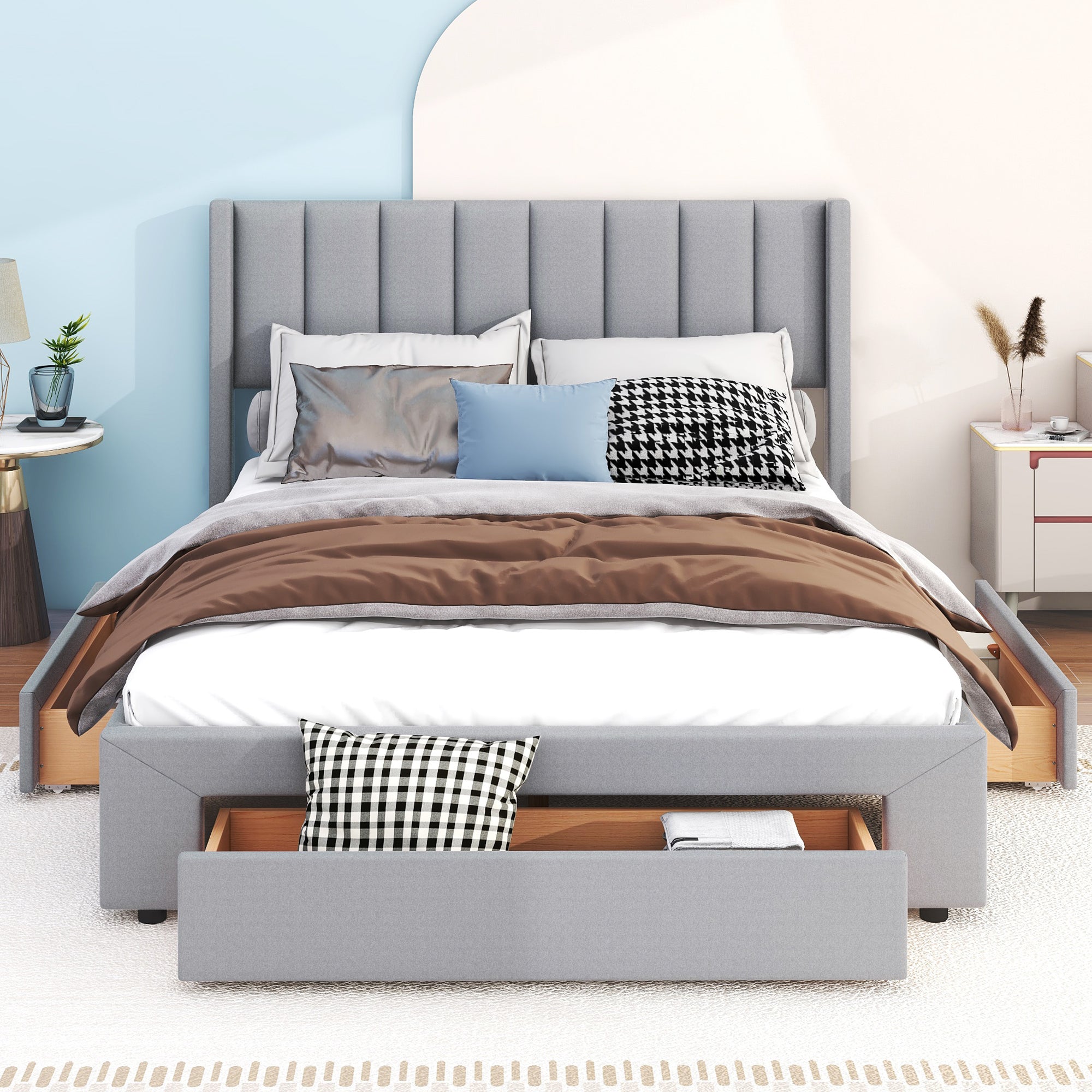 Queen Size Upholstered Platform Bed with One Large Drawer in the Footboard and Drawer on Each Side,Gray - Atlantic Fine Furniture Melbourne FL