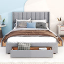 Queen Size Upholstered Platform Bed with One Large Drawer in the Footboard and Drawer on Each Side,Gray