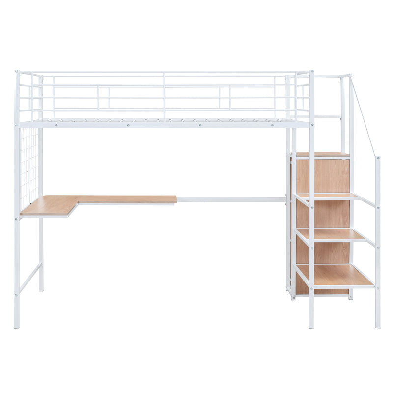 Twin Size Metal Loft Bed with Desk and Metal Grid, Stylish Metal Frame Bed with Lateral Storage Ladder and Wardrobe, White