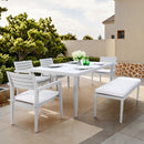 6 Piece Dining Set Modern Outdoor Patio Furniture, 4 Dining Chairs & 1 Dining Bench Sunbrella Fabric And 2 Tone Rectangle Table With Umbrella Hole - Matte White / Grayish