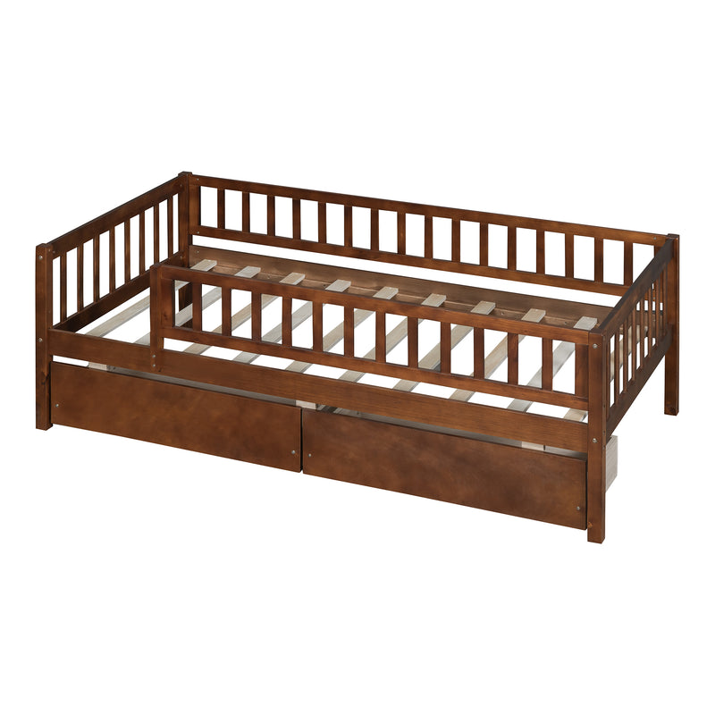 Twin Size Daybed Wood Bed with Two Drawers, Walnut