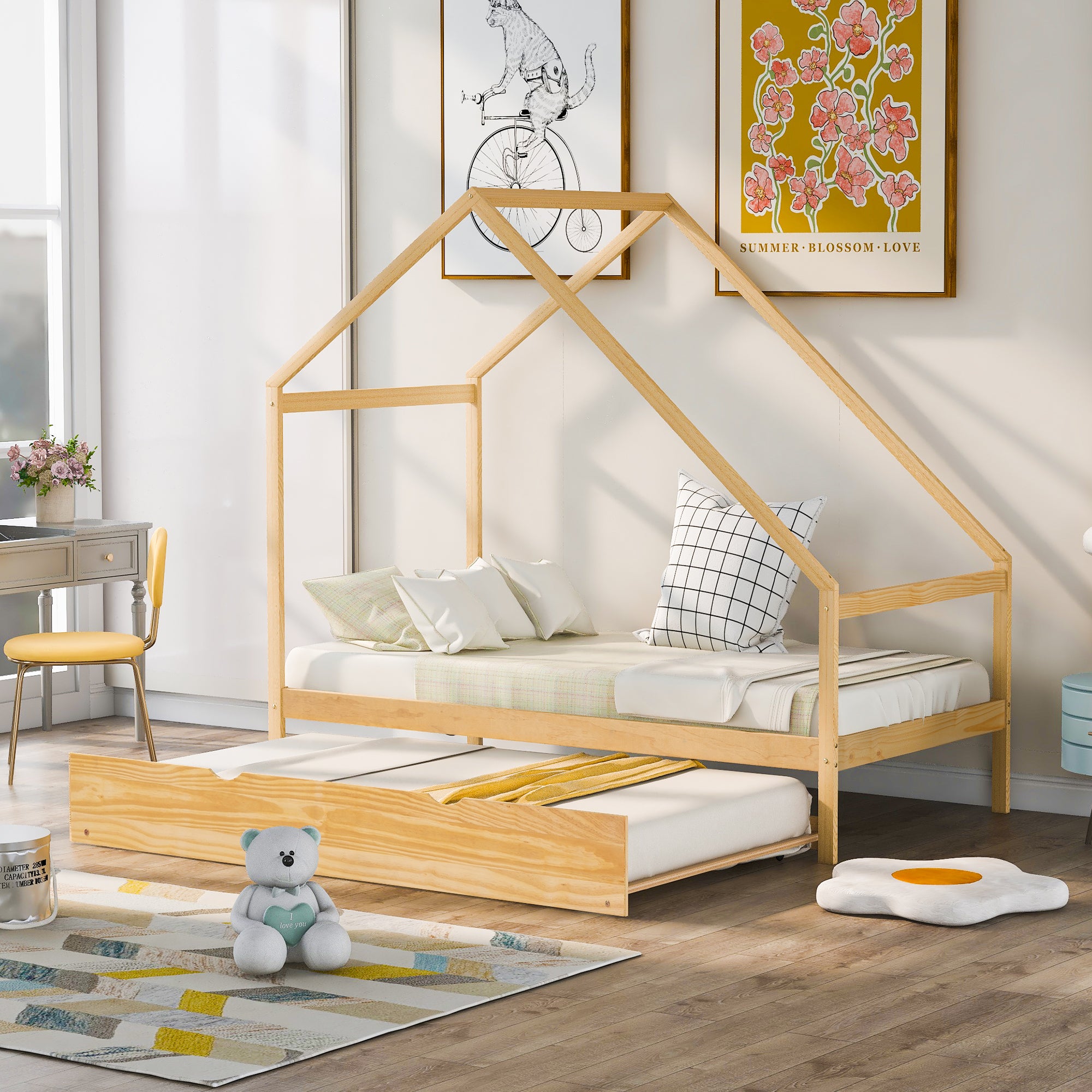 Twin Size Wooden House Bed With Twin Size Trundle, Natural - Atlantic Fine Furniture Melbourne FL