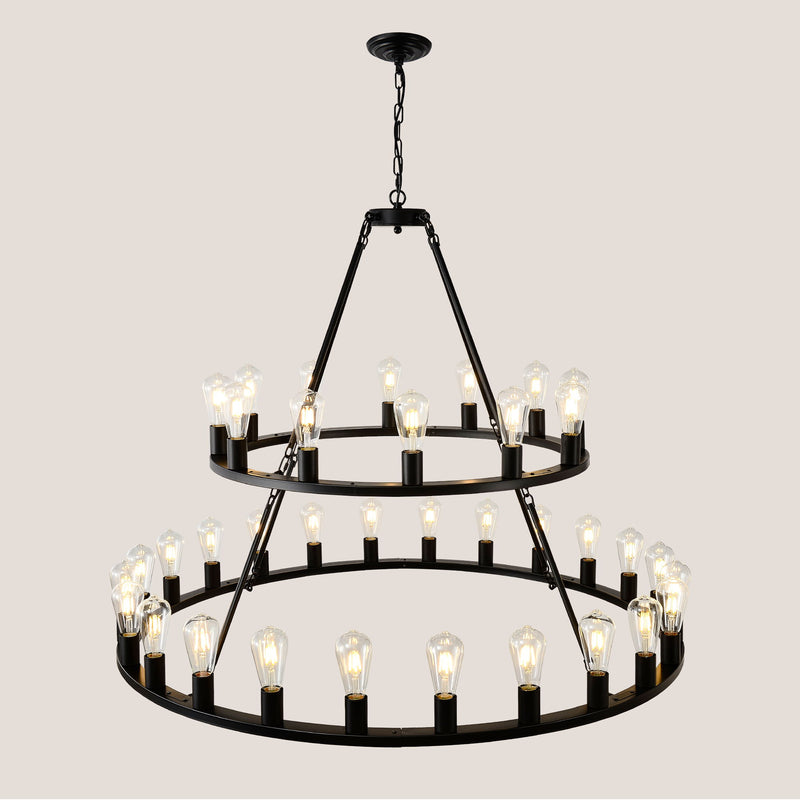 Extra Large Wagon Wheel Chandelier, 2 Tier 36 Lights (No Include) Farmhouse Industrial Round High Ceiling Pendant Light Adjustable Chain, For Dining Room, Living Room, Kitchen - Black