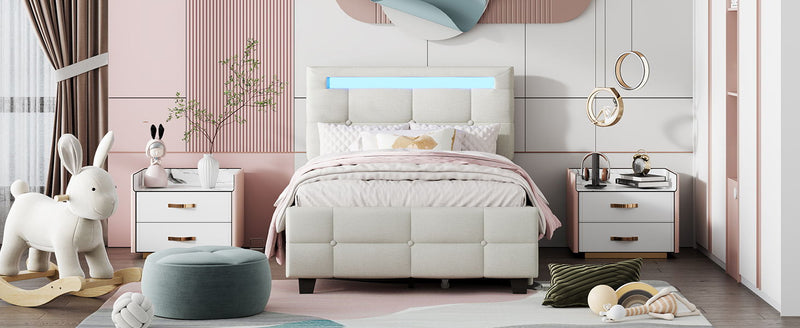 Upholstered Platform Bed With LED Frame, With Trundle And 2 Drawers