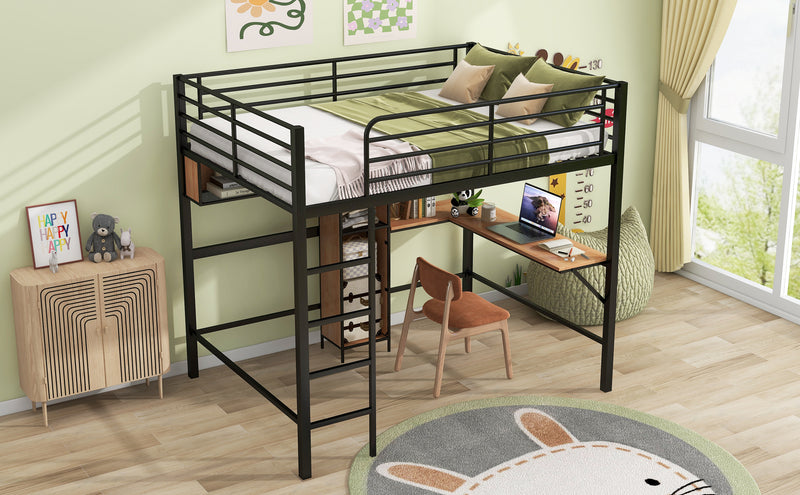 Full Size Metal & Wood Loft Bed with L -shaped desk and shelves, Black and Brown