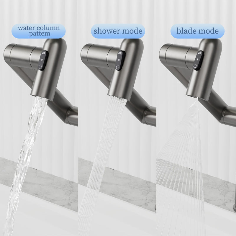 Bathroom Sink Faucet With Spray Function, Temperature Display, Anti Skid Switch, Hot & Cold, 360 Degree Rotary, Brass - Gun Gray