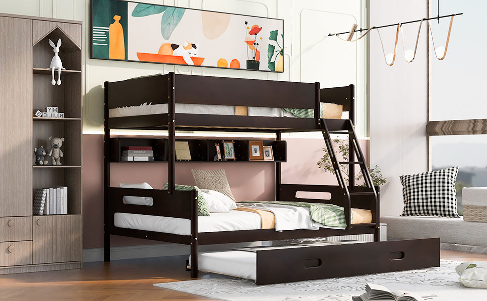 Wood Twin over Full Bunk Bed with Storage Shelves and Twin Size Trundle, Espresso - Atlantic Fine Furniture Melbourne FL